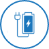 Une icône en forme de cercle bleu avec un dessin d'un smartphone en train d'être chargée pour représenter le fait de se brancher sur une source d'énergie.