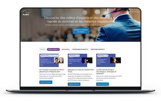 écran d'accueil du site de webinaire pour professionnels de santé de resmed